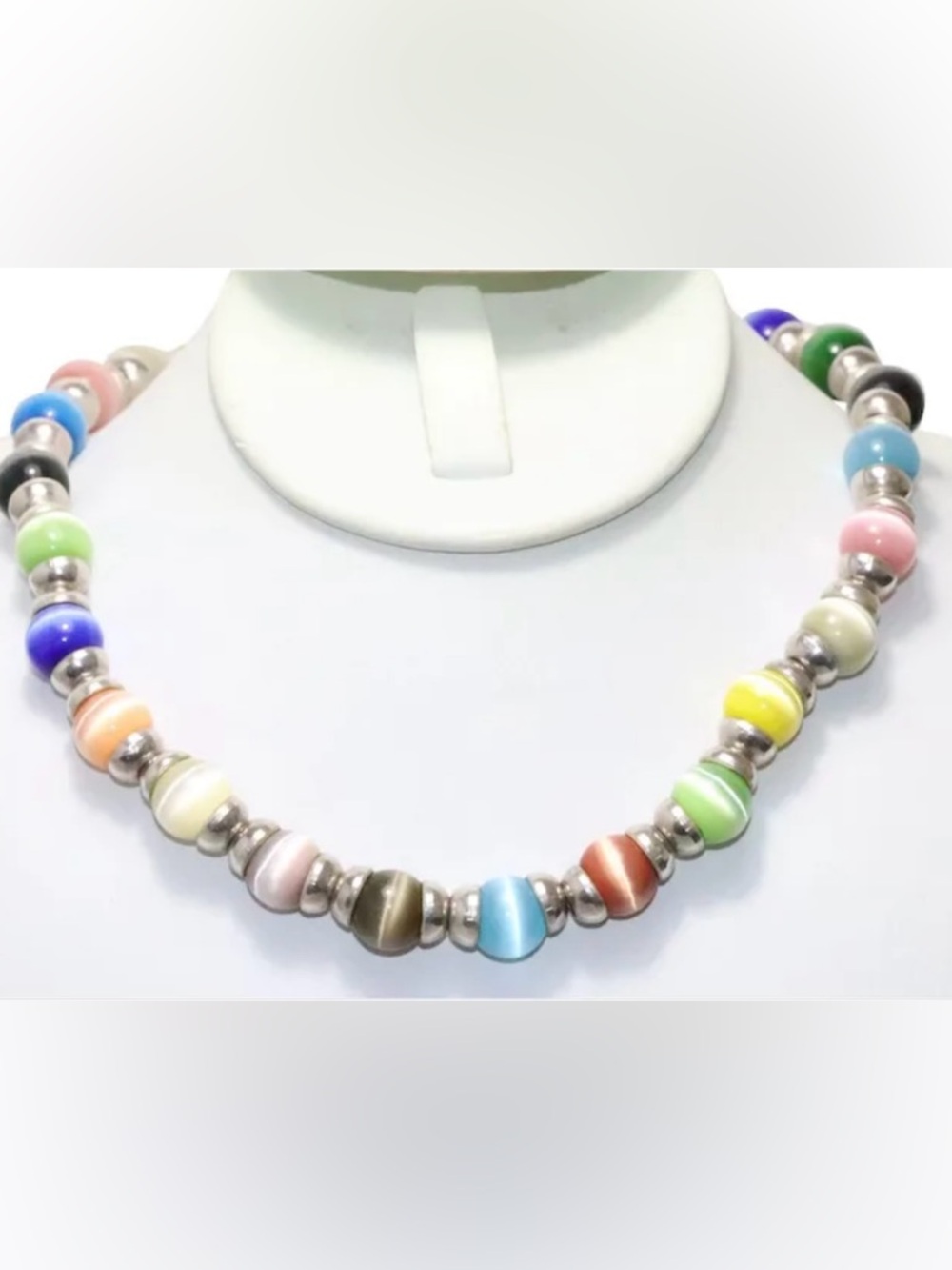I STERLING SILVER 925 VTG MULTI COLOR CATS-EYE PEARL  NECKLACE 17” Toggle clasp
